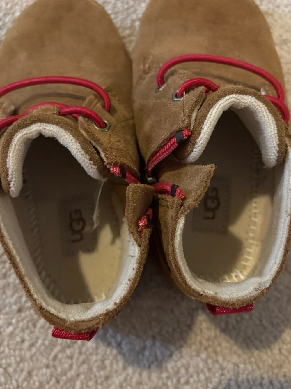 UGG Kids/Toddler Chestnut Suede Boots with Red Laces size 8